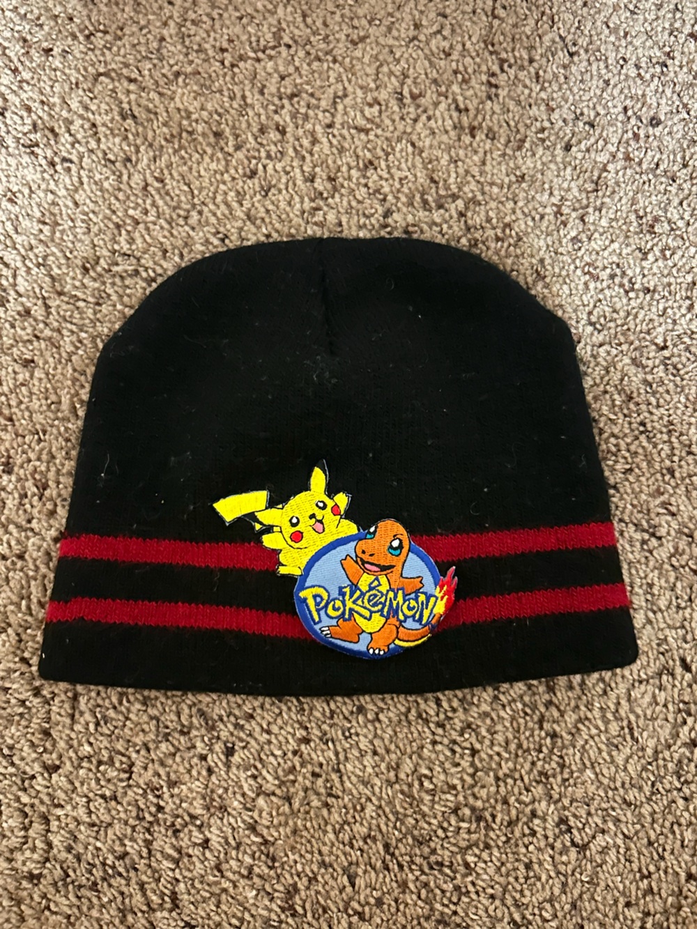 Vintage Black Beanie with Pikachu & Charmander Pokemon Patch